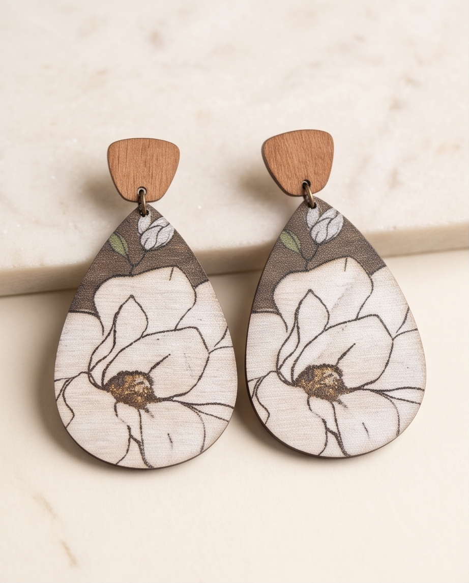 Wooden white flower drop Earrings