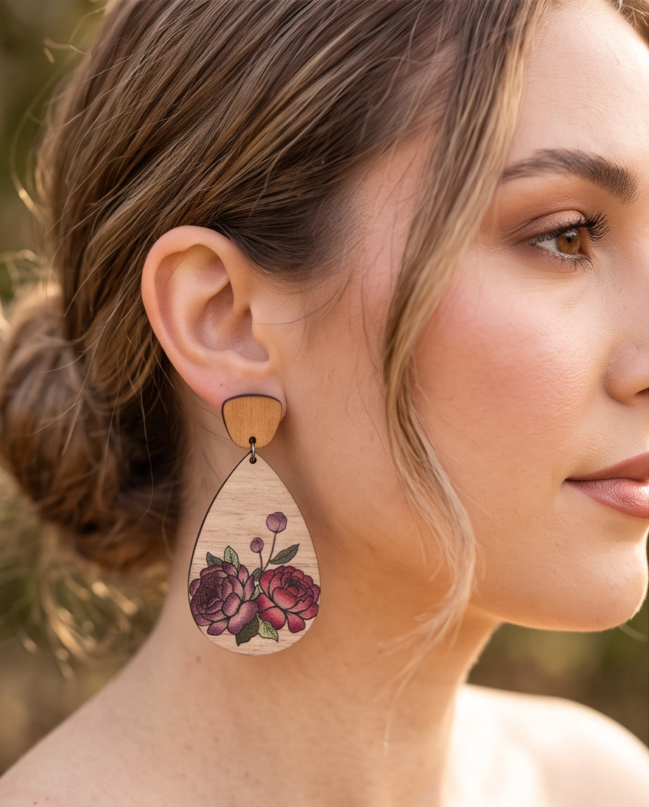 Wooden Rose Drop Earrings