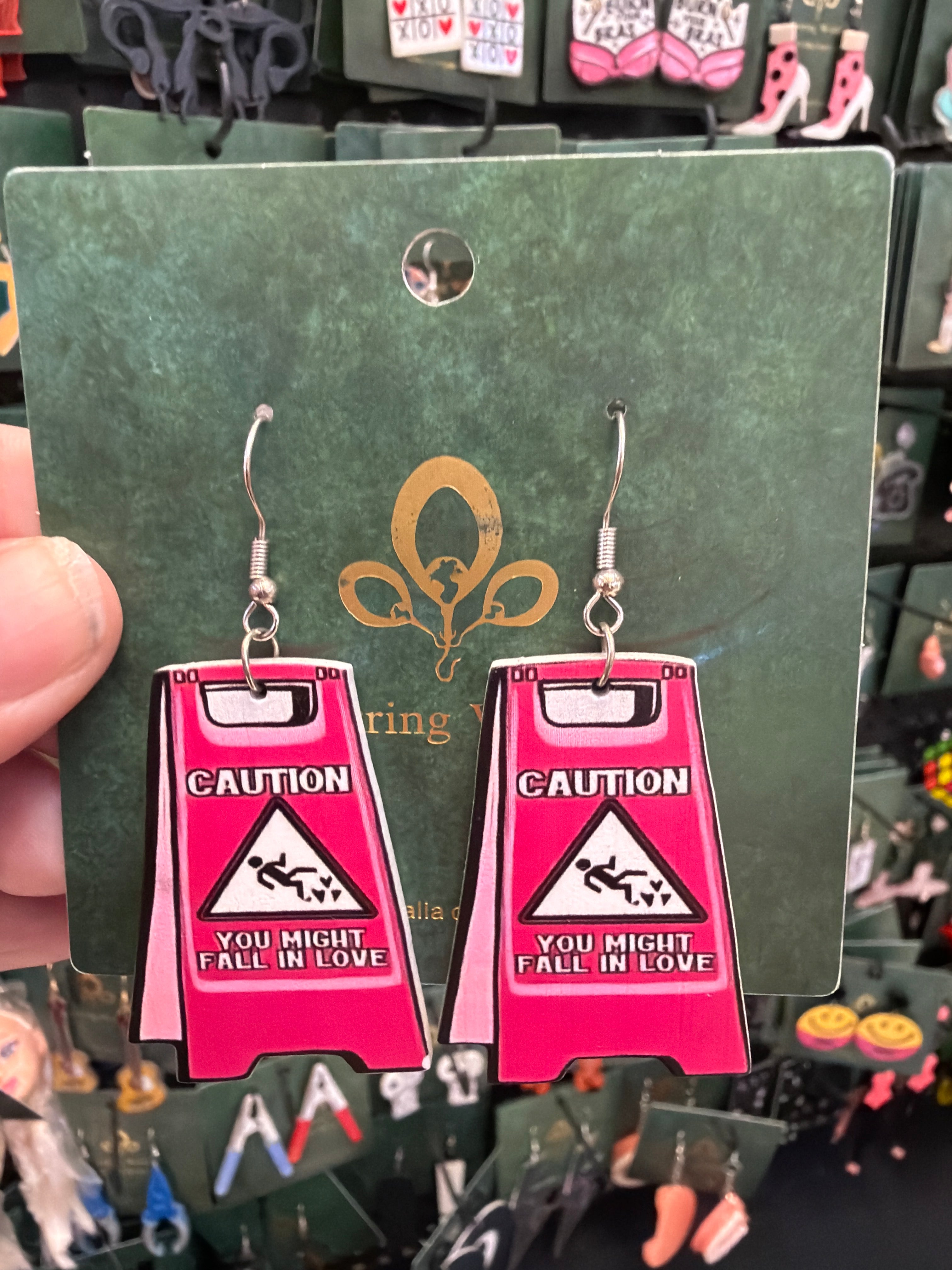 Stainless Steel Caution you might fall in love Sign Earrings Australia