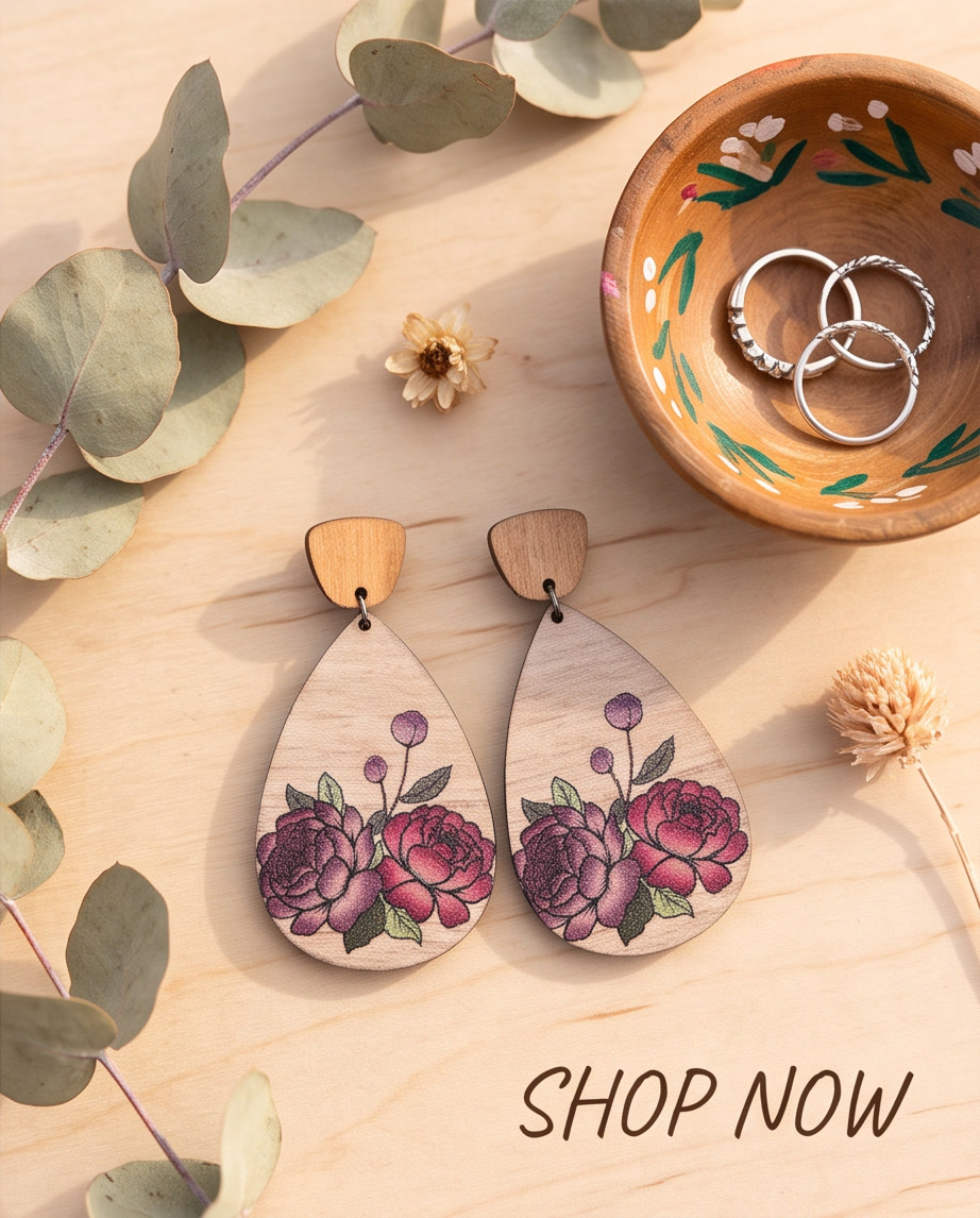 Wooden Rose Drop Earrings