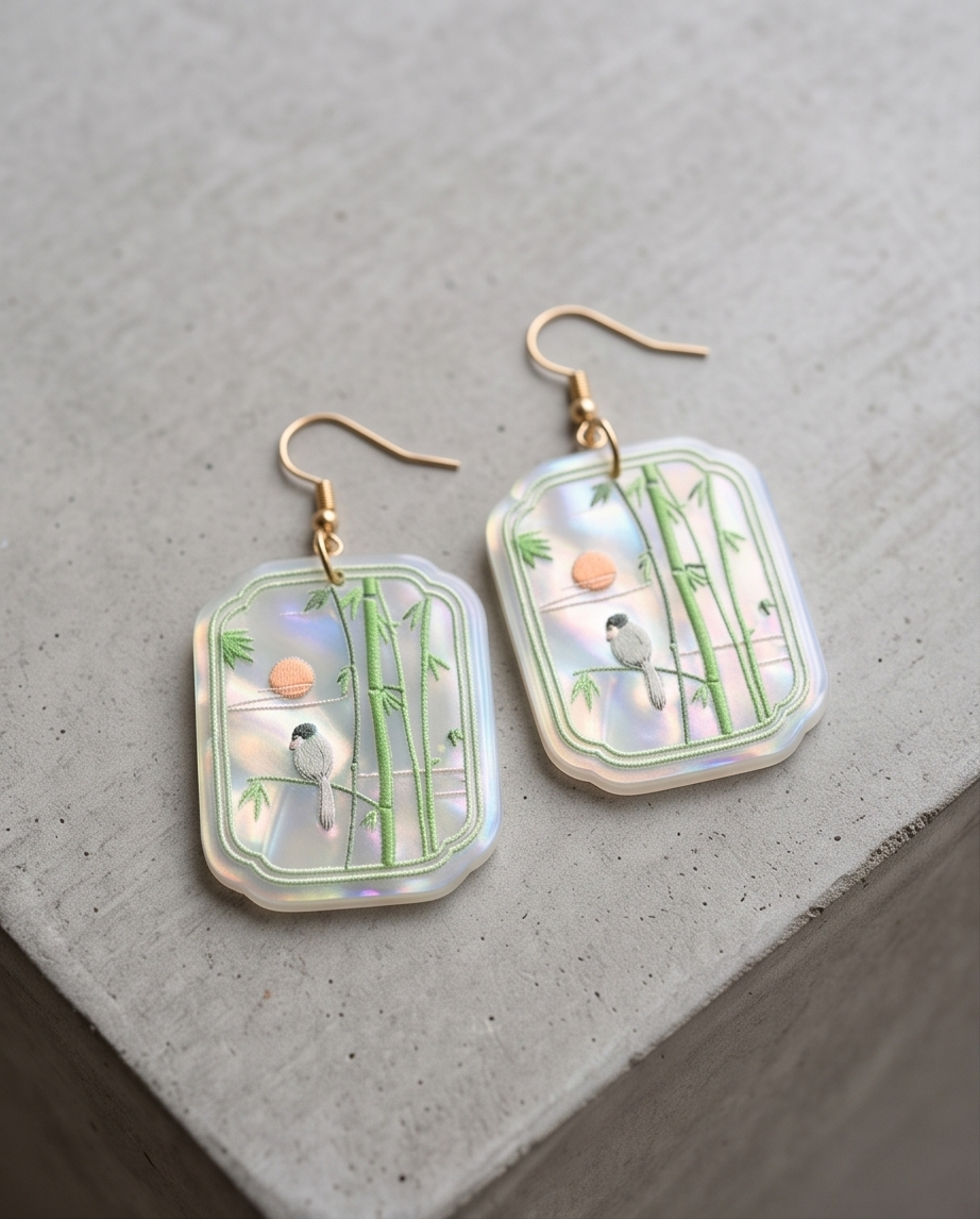 Marble bird and bamboo Earrings