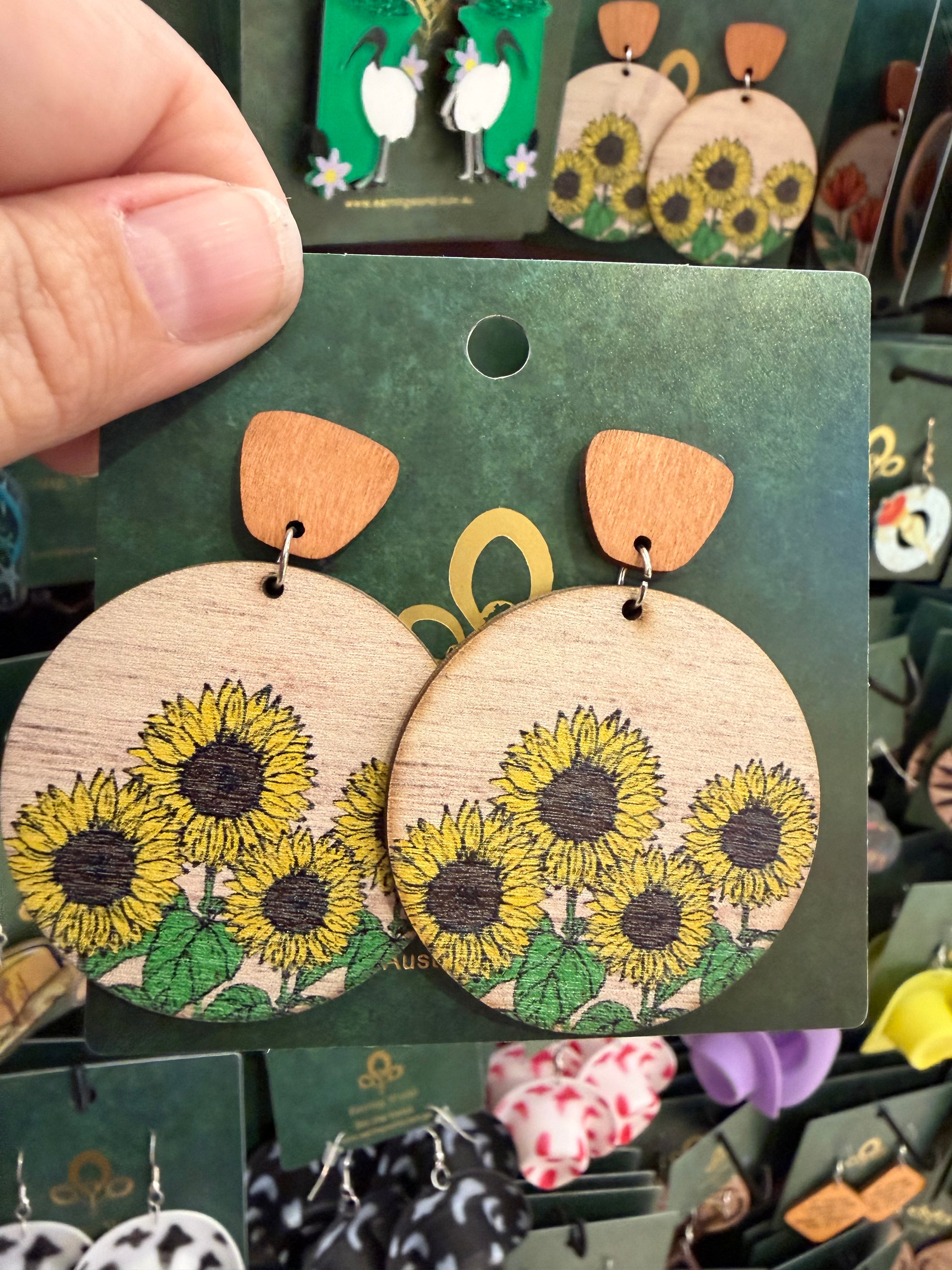 Stainless Steel Wooden Sunflower Earrings Australia