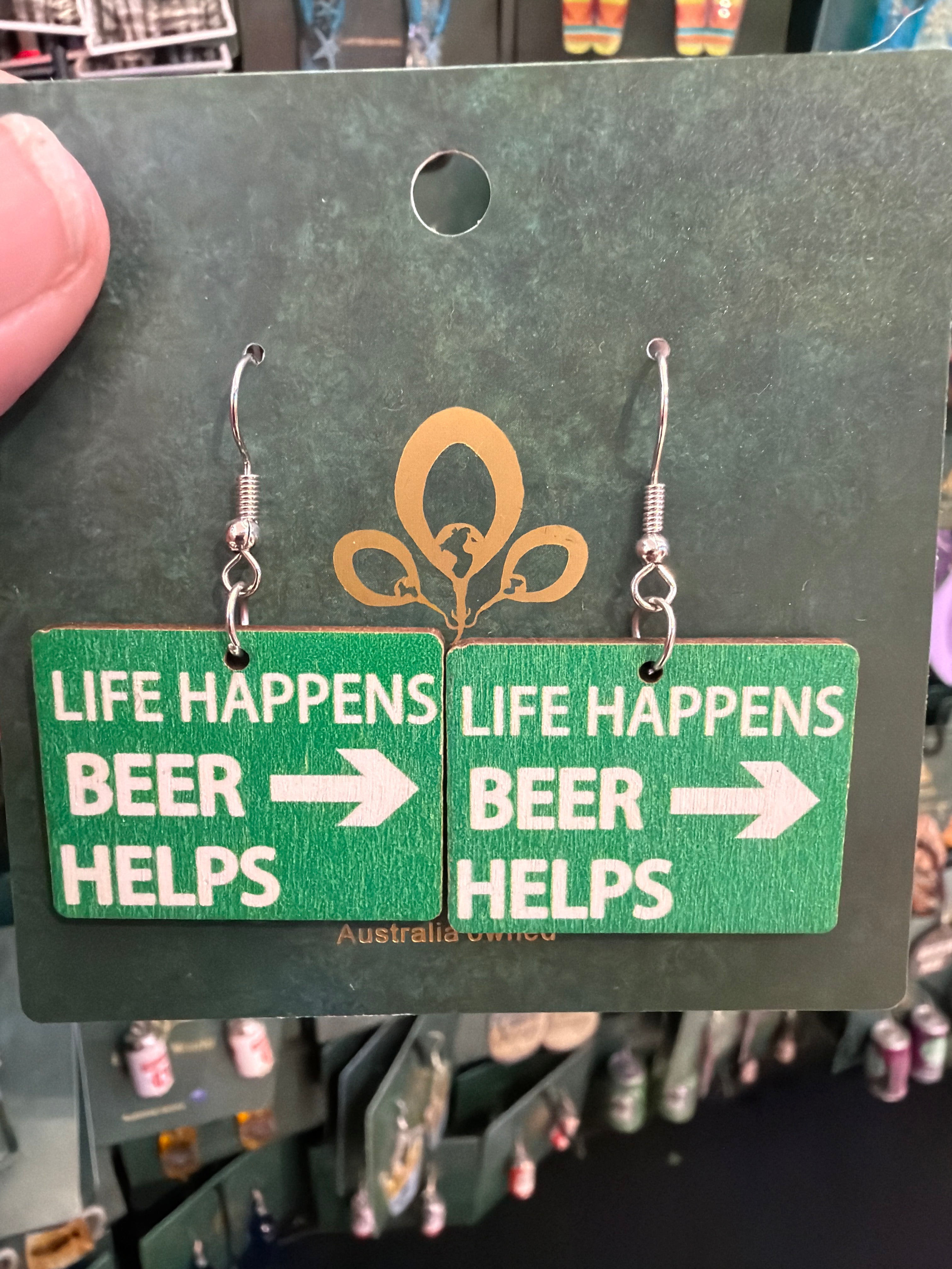 Stainless Steel Wooden Life happens beer helps Earrings Australia