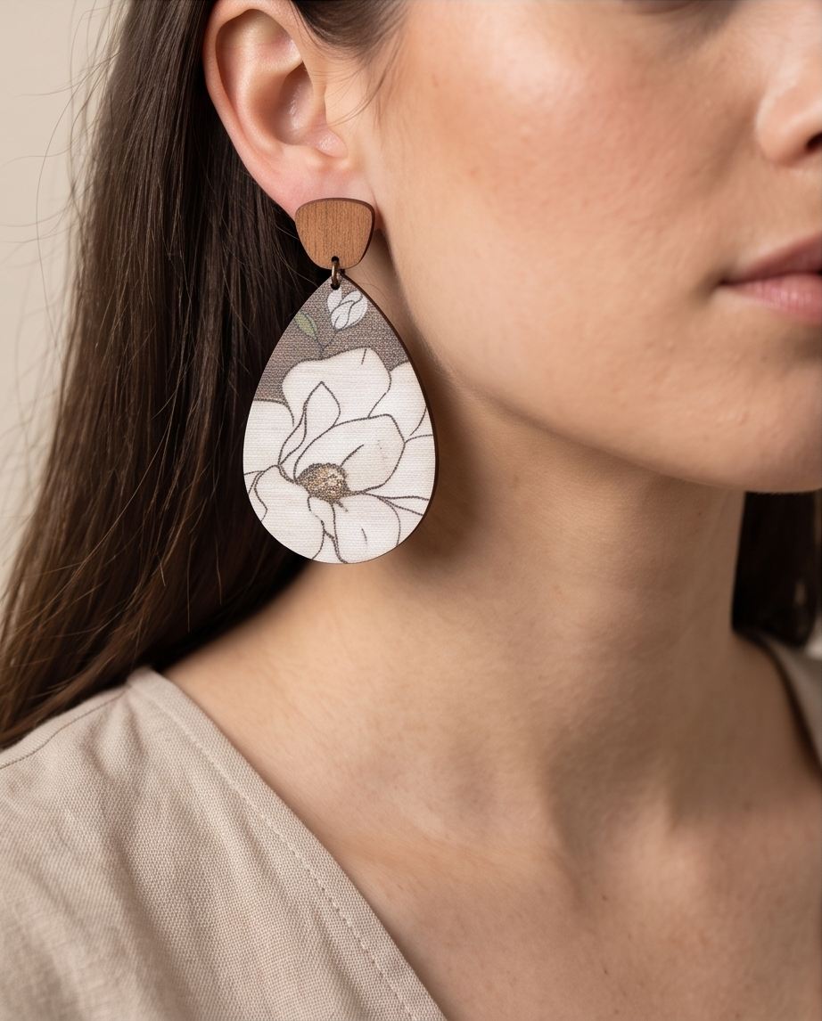 Wooden white flower drop Earrings