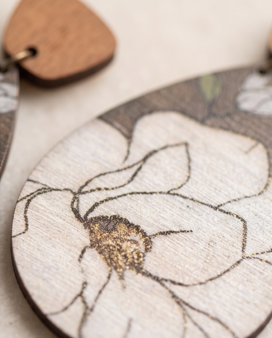 Wooden white flower drop Earrings